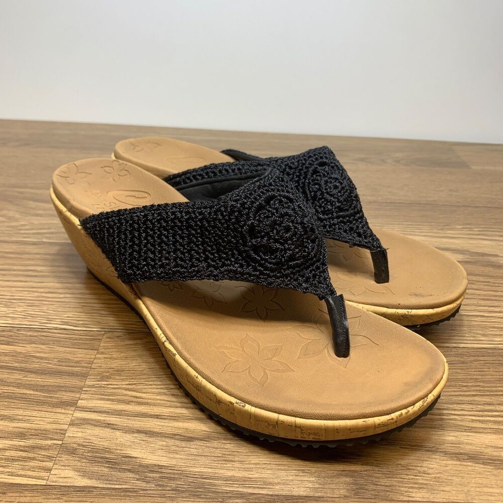 Skechers Luxe Foam Women's Size 11 Black Crochet Slip On‎ Slide Wedge Sandals